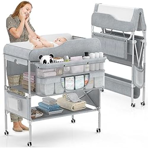 Portable Baby Changing Table, Foldable Changing Table Dresser Baby Changing Station, Height Adjustable Waterproof Diaper Changing Table Pad Topper, Newborn Nursery Organizer