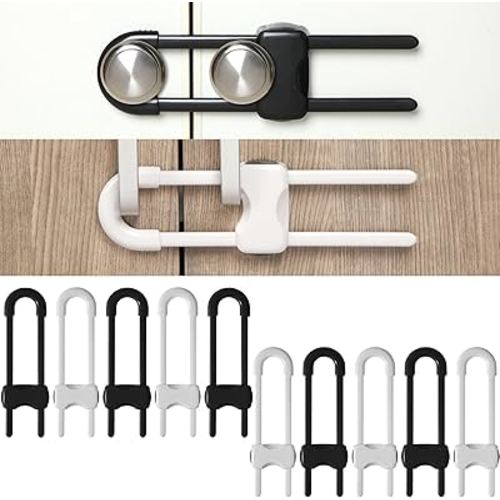 Jetec 10 Pack Baby Proof Cabinet Locks Adjustable U Shaped,White, Black | No Adhesive No Drill Child Safety for Cupboards Doors Fridge Closet, Fits Knobs or Handles, Pet Proof Without Tool Install