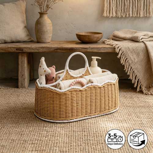 Handmade Natural Rattan Caddy, Boho Woven Organizer Basket for Baby & Home Use