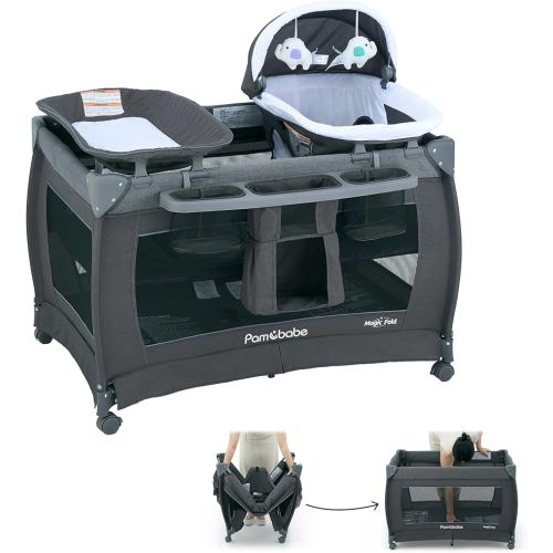 Pamo Babe 1-Second Setup 4-in-1 Playard for Babies - Heavy-Duty Steel Frame for Safe Sleep Space, Portable Crib with Changing Table, Locking Wheels, Breathable Mesh