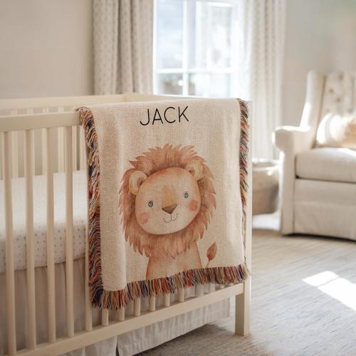 Personalized Safari Lion Baby Blanket, Jungle Animal Crib Throw, Custom Baby Name Blanket for Boys or Girls, Safari Nursery Gift
