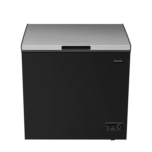 FRIGIDAIRE Chest Deep Freezer, 7 Cu. Ft, Black Adjustable Thermostat-Removable Vinyl Coated Wire Basket-Easy Defrost Drain, Eye-Catching Stainless Steel Top Door- Garage Ready