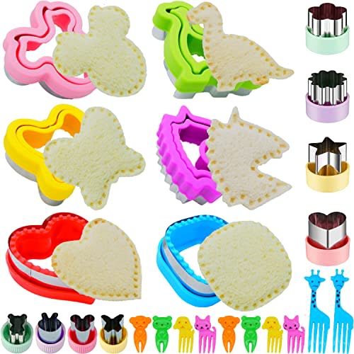 Uncrustable Sandwich Cutter, Crustless Sandwich Cutter and Sealer Set | 24PCS Sandwich Cookie Cutters & Forks, Heart Square Dino Mouse Butterfly Unicorn Shapes, Lunch & Bento Box Accessories