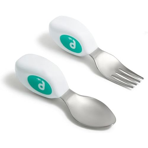 doddl Toddler Utensils, Ergonomic Fork and Spoon Set for Self Feeding, Stainless Steel Silverware for 1-3 Year Olds, BPA Free, Dishwasher Safe (Aqua)