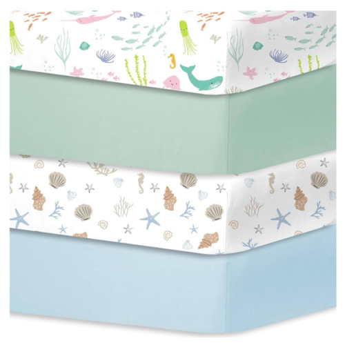 Bimocosy Crib Sheets for Boys Girls, Fitted Crib Sheet 4 Pack for Standard Crib and Toddler Mattresses, Super Soft Breathable Microfiber Baby Sheet 28x52x8in, Ocean World/Milky Green/Seashell/Blue