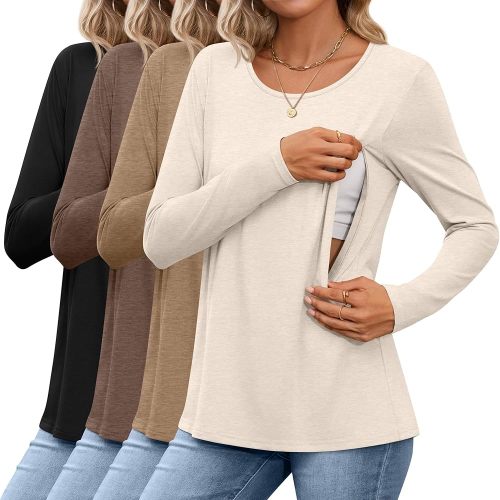 4 Pack Women's Cotton Nursing Tops Breastfeeding Maternity Hidden Zippers Crew Neck Long Sleeve Pregnancy Shirts