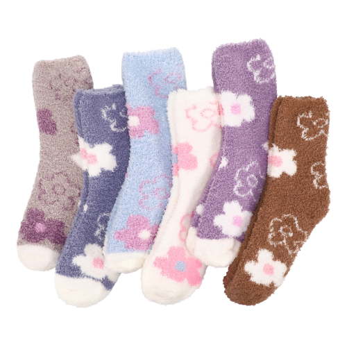 Bocaoying 6 Pairs Fuzzy Socks for Women, Thickened Cozy Fluffy Slipper Socks, Soft Winter Cute Multi Colored Floral Plush Crew Socks for Winter Home Sleeping Indoor