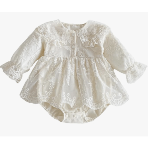 Baby Girl Lace Embroidered Romper Ruffle Collar Vintage Tulle Princess Dress One Piece Outfits for Baby Birthday