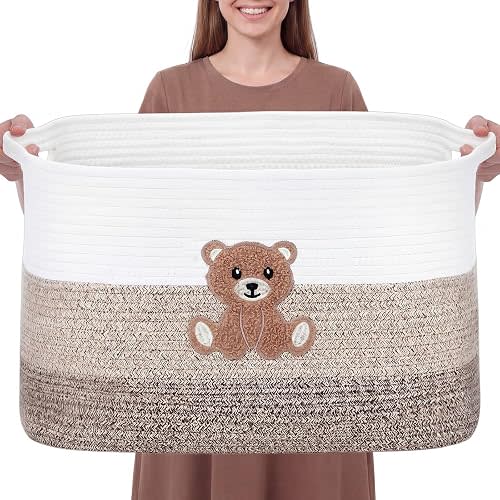 Cesta de almacenamiento rectangular de 65 litros con asa para guardar ropa sucia, juguetes de peluche, para sala de estar, baño, 22 x 15 x 12 pulgadas, color marrón