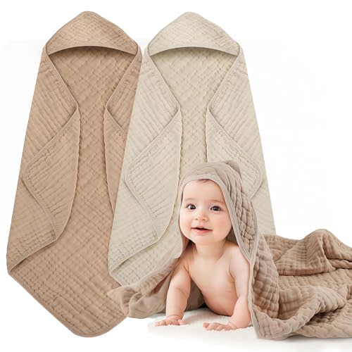 Hooded Baby Bath Towels for Newborn, 2 Pack - 6-Layer 100% Muslin Cotton, Soft Absorbent Baby Towels with Hood for Babies, Infants & Toddlers, Large 32x32 Inch Unisex Newborn Baby Bath Essentials