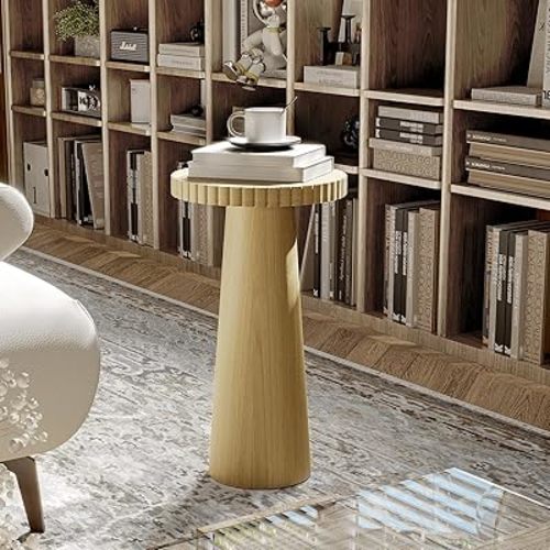 Zvivofla Round Pedestal Side Table, Fluted Wooden End Table for Living Room, Rustic Accent Drink Table for Small Space Beside Sofa or Couch(1, Oak)