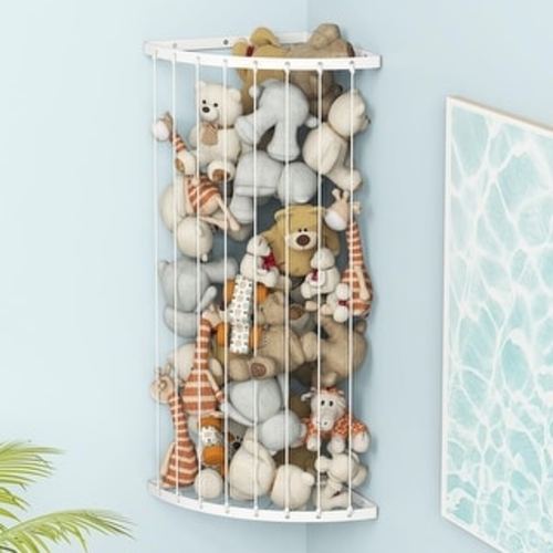 Corner Stuffed Animal Organizer - Adjustable Height Wall-Mounted Plush Toy Storage for Kids Room, Nursery, Playroom