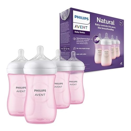Philips Avent Natural Baby Bottles, Medium Flow, 9 oz, BPA-Free, 4-Pack | Baby-Controlled Flow, No-Drip Design, Reduces Colic and Gas with Anti-Colic Valve, Pink, SCY903/14