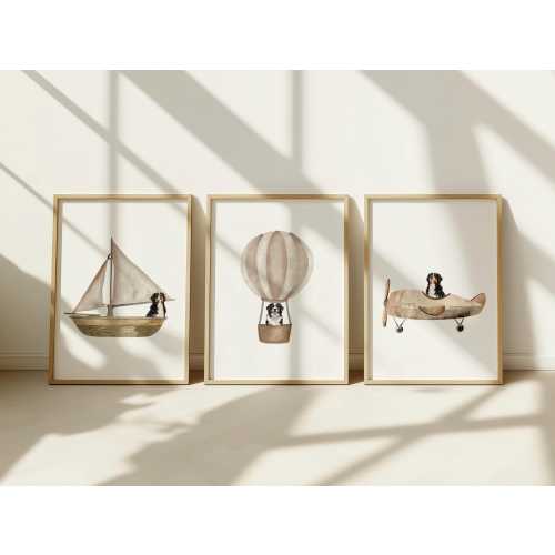 Bernese Mountain Dog Nursery Prints, Airplane, Sailboat, Balloon (Digital Download)
