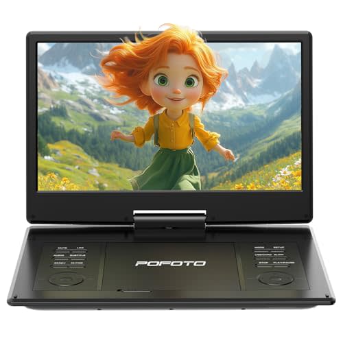 POFOTO 15.7" Portable DVD Player with 14.1" HD Swivel Screen for Kids & Elderly, 6-Hour Rechargeable Battery, Dual Speakers, Supports Multiple Disc Formats,USB/SD/TV Sync, Black [Not Support Blu-Ray] | for Kids & Elderly, 6 Hrs Rechargeable Battery, Du...