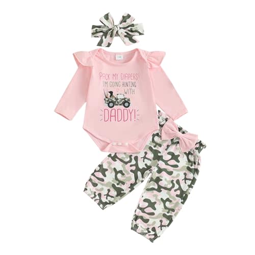 Santikisler Newborn Baby Girl Hunting Clothes Letter Long Sleeve Romper Camouflage Pants Headband 3 PCs Set Fall