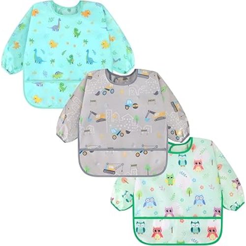 Accmor 3 Pack Long Sleeve Bibs, Baby Smock Waterproof Sleeved Bib Smock for Baby Toddler 6-36 Months
