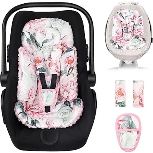 Pea Pod Baby Car Seat Head and Body Support, Infant Carseat Insert Cushion Pad with Strap Covers, Warm Minky Dot Fabric Backing, Perfect for Stroller, Swings, and Baby Car Seat (Floral)