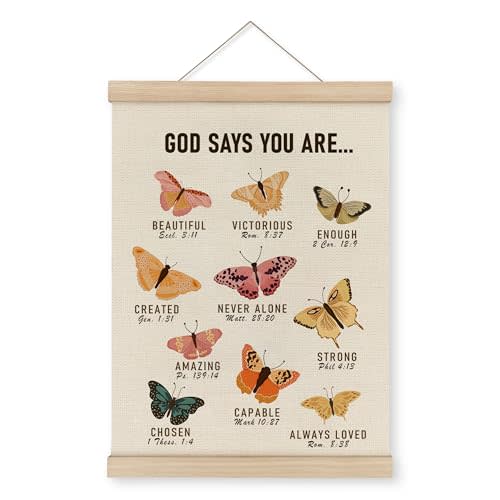 MAQIKA Christian Scripture Butterfly Poster, Framed Wooden Hanger, Butterfly Wall Art, Bible Verse Hanging Wall Decor, Christian Inspirational Canvas Wall Art, 12x16 inch