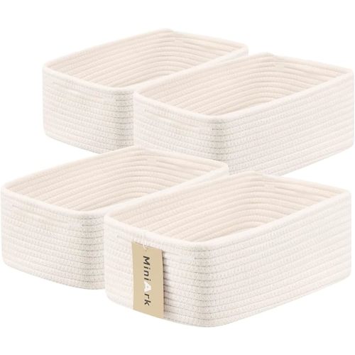 Small Storage Baskets for Organizing | Closet Organizer Bins | Shelf Toy Basket | Woven Rope Baskets | Cube Decorative Box | Shallow Basket | 13x8.5x5.1” | 4 Packs Off White