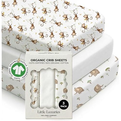 100% Organic Cotton Baby Crib Sheets (3-Pack) – GOTS Certified, Soft Fitted Sheets for Mini Mattress & Pack n Play, 5 in Deep Pocket with Secure Elastic Fit, Boys & Girls, (28" x 55") Safari
