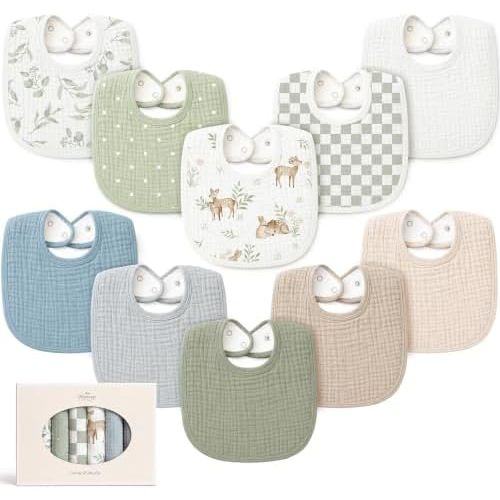Konssy 10-Pack Muslin Baby Bibs for Drooling and Teething