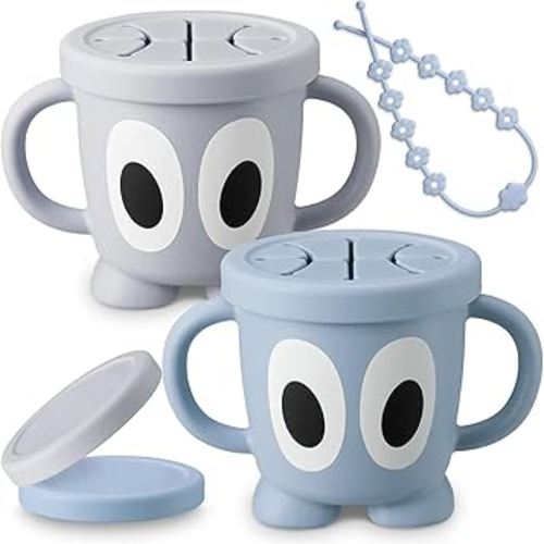 Silicone Snack Cups Food Container for Toddlers and Babies, Spill Proof Training Cup with Snack Cup Lid & Dust Proof Lid, Comes with a toy strap, Without BPA, Lead, or Phthalates（Ether & Gray）