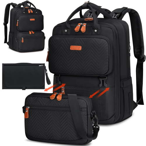 RAINSMORE Diaper Bag Backpack Waterproof Travel Diaper Bag with Changing Pad Stroller Straps Baby Backpack for Moms Dads Essentials Organizer,Black