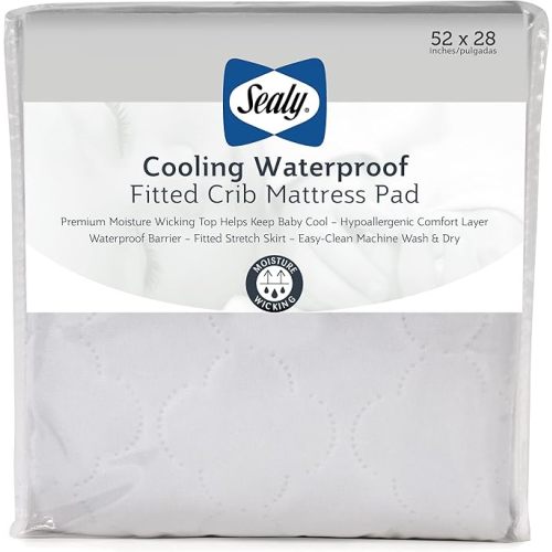 Sealy Baby Cooling Moisture Wicking Crib Mattress Protector Pad and Toddler Bed Cover, Fitted Waterproof Infant Durable and Comfortable Topper, Machine Washable & Dryer Friendly, 52x28”- White