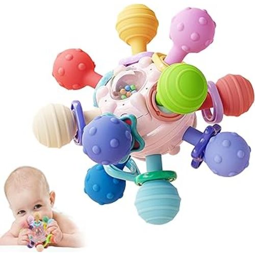 Baby Sensory Montessori Toy - Infant Teething Relief - Teethers for Newborn - Developmental Rattles Chew Toys Gifts for 0 3 6 9 12 18 Months Girl Boy -Toddler Travel Toy for 1 2 One Year Old (Pink)