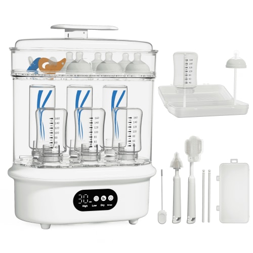 All-in-One Baby Bottle Sterilizer and Dryer, 6 Bottles Capacity, Electric Steam Sterilizer with 72H Storage, 360° Hot Air Drying, Includes Bottle Brush & Drying Rack,One-Touch Operation