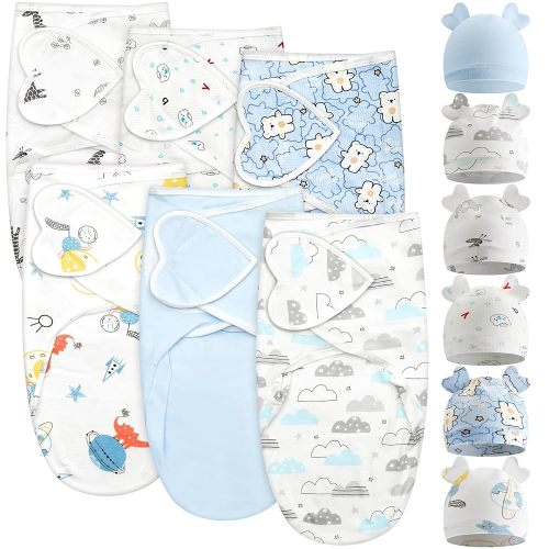 Ramede 6 Pack Baby Swaddle Blanket with Hats Sleep Swaddle for 0-3 Months Newborn Sacks Soft Cotton Wearable for Boy Girl