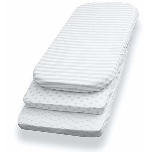 NODNAL Co. Bassinet Fitted Sheet Set 3 Pack 100% Jersey Gray Cotton for Baby Girl/Boy - Grey Chevron, Polka Dot and Stripe 160 GSM Sheets