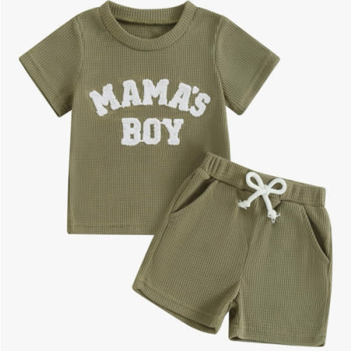 Kupretty Toddler Baby Boy Summer Clothes Embroiderey Waffle Knit Short Sleeve T-Shirt Tees + Casual Shorts Cute Clothing Set