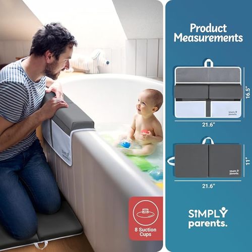 Baby Bath Kneeler and Elbow Rest Pad Set - Quick-Dry, Non-Slip Kneeling Pad for Bathing Toddler, Toy Organizer Pockets, Gift Box, Accessories for Tub, Gray