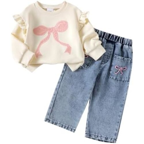 BULINGNA Toddler Baby Girl Clothes Fall Spring Outfit Bow Embroidered Long Sleeve Sweatshirt Denim Jeans Pants 2pcs Set