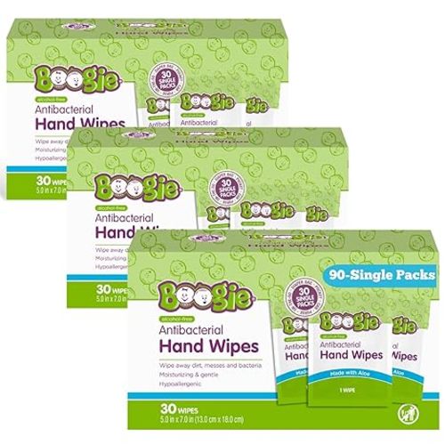 Antibacterial Hand Wipes by Boogie, Alcohol Free, Hypoallergenic and Moisturizing Aloe, Hand Wipes for Kids and Adults, Single Packs, 30 Wipes (Pack of 3)