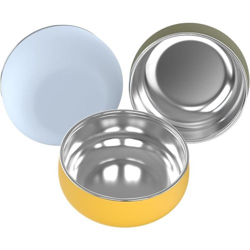 Bella's Friends Stainless Steel and Silicone Baby Bowls with Suction 3 Pack, 4.3” for Toddlers Kids Feeding, Non-Slip, Non-Toxic, Mess-Free, Dishwasher Safe, Fit High Chair Size, beige green blue