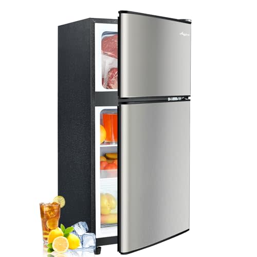 3.2 Cu.Ft Fridge with Freezer with 2 Doors, Refrigerator with 7 Level Temperatures, LED Light, Adjustable Shelves, Food Storage Cooling Drink for Bedroom, Office, Dorm, Apartment, Silver