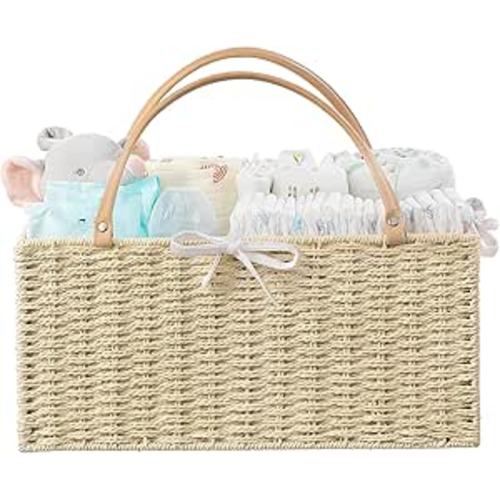 HBlife Large Baby Diaper Caddy Organizer, Paper Rope Storage Baskets Nursery Bin with Removable Divider, Portable Car Organizer for Diapers, Baby Shower Gifts, Newborn Essentials Must Haves