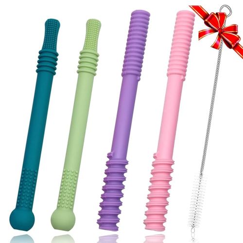 Teether Tubes for Babies 6 12 18 Months, 4 Pack Hollow Straw Toddler Teether Toys for molars, Silicone Chew Tube for Sensory Kids with Chewing or Other Special Needs, BPA Free Dishwasher Freezer Safe