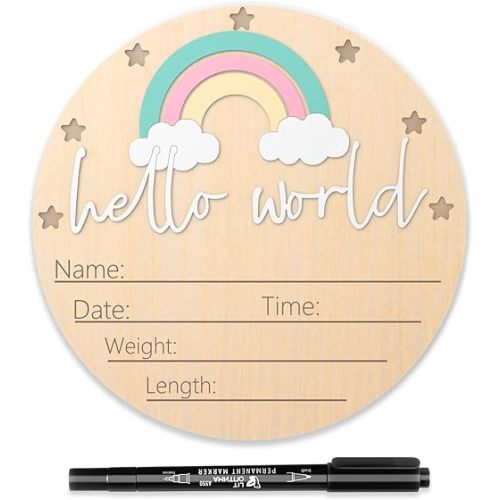 Baby Announcement Sign, 5.9 Inch Wooden Hello World Newborn Signs, Birth Announcement Sign and Pen, Rainbow Decoration Welcome Newborn Arrival to World, Hospital Nursery for baby