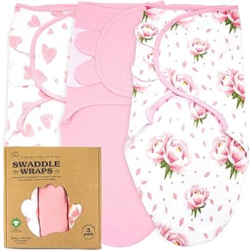 Bublo Baby Swaddles for Newborns – 3-Pack Infant Swaddles 0-3 Months – Adjustable Swaddle Sleep Sack – Soft Organic Cotton Baby Wrap for Safe & Cozy Sleep (Hearts-Flowers)