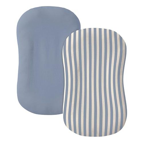 Muslin Baby Lounger Cover 2 Pack, 100% Cotton Infant Lounger Cover, Soft & Breathable Replacement Slipcover, Compatible with Snuggle Me Newborn Lounger (Tradewinds,Blue Stripe)