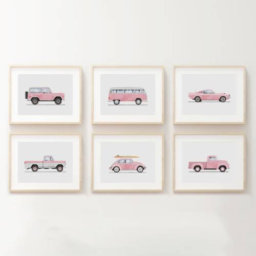 Set of 6 Vintage Pink Vehicle Prints, Girls Room Decor, Retro Car Prints For Girls Room, Kids Room Wall Art, Transportation Watercolor Art