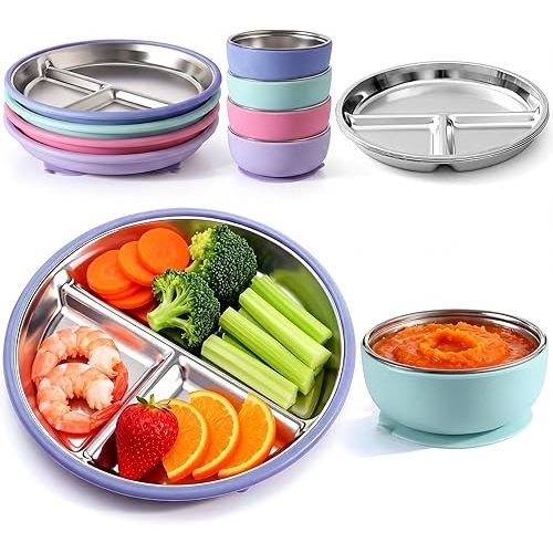 Havawish 8 Pcs Stainless Steel Baby Plate and Bowl with Suction, 8.3" Kid Divided Plate 4" Toddler Bowl with Removable Silicone, BPA-free Non-slip Baby Feed Set Dishwasher Safe for Boy Girl (Gray)