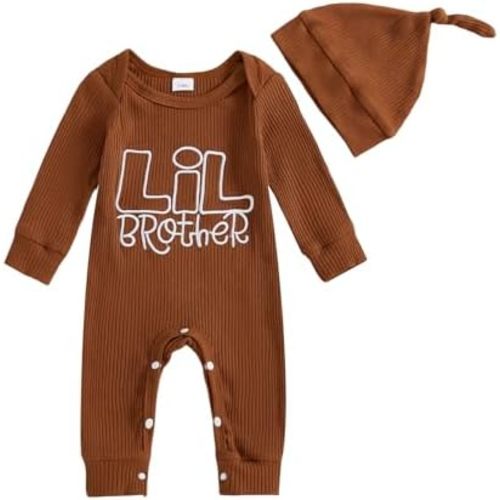Newborn Baby Boys Romper Long Sleeve Little Brother Letter Print Ribbed Bodysuit Jumpsuit Infant Coming Home Outfit
