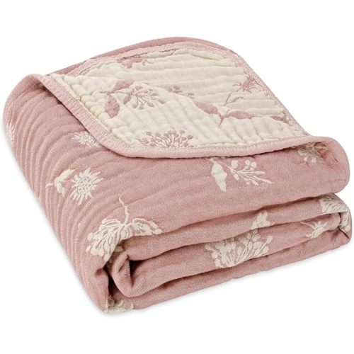 Muslin Baby Blanket, Organic Cotton Blend Jacquard (Pink Botanical)