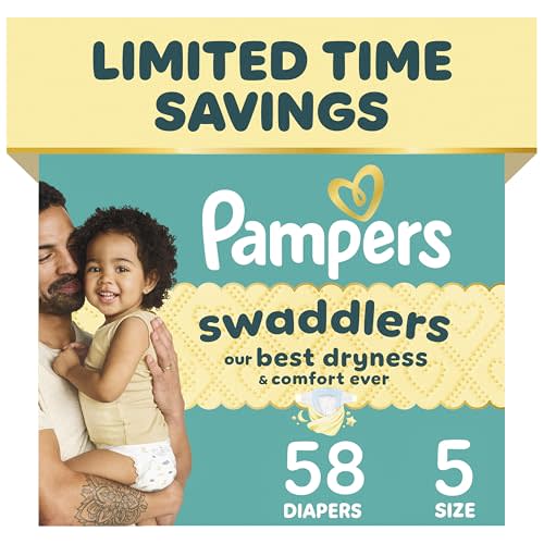 Pampers Swaddlers Diapers, Size 5 (20-37 lbs), 58 Count, Hypoallergenic, Absorbent, Keeps Baby Dry and Comfortable, Skin Safe Disposable Baby Diaper