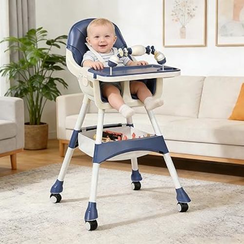 4-in-1 Baby High Chair for Babies & Toddlers, High Chair with Detachable PU Cushion, Removable Tray, Adjustable Height, Locking Wheels, Blue